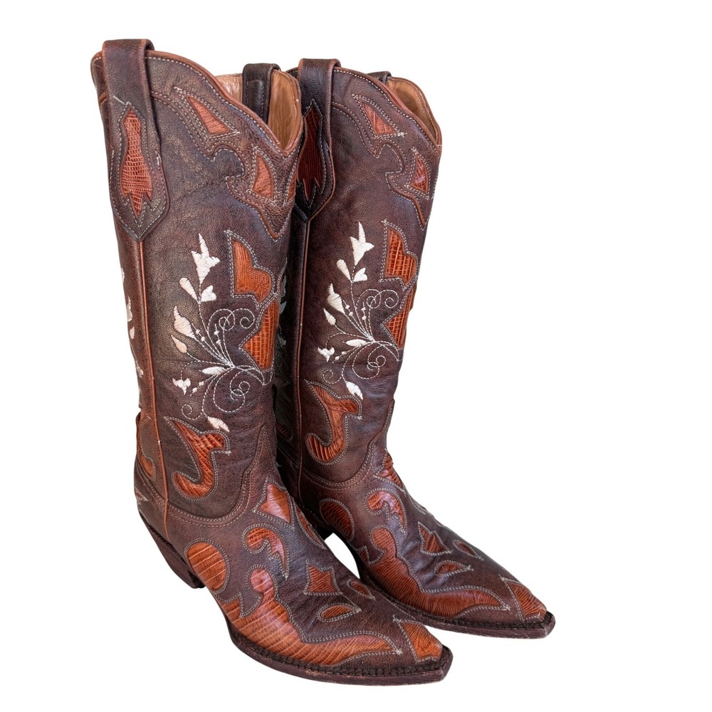 Ferrini Western Boots Women 6.5 B Brown Lizard Embossed Inlay Floral Embroidery